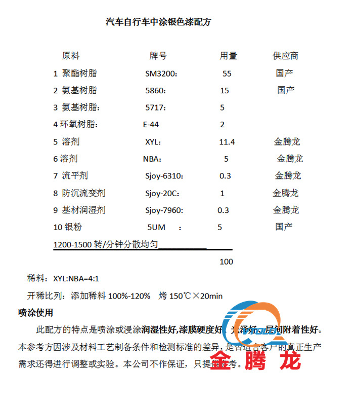 汽车自行车中涂银色漆配方(图1)