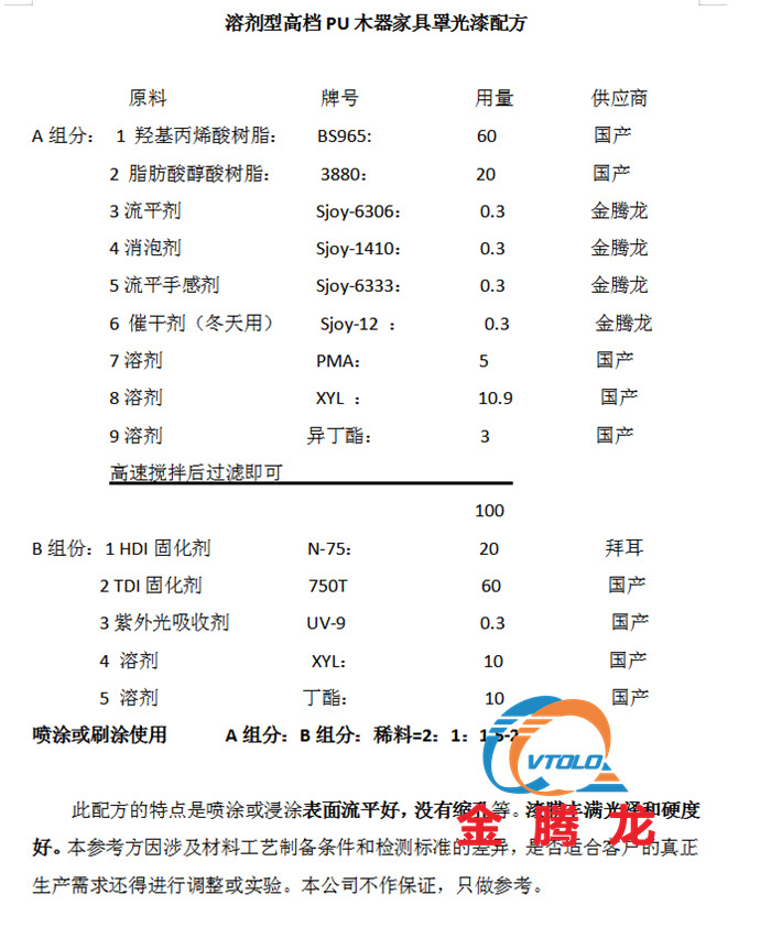 溶剂型高档PU木器家具罩光漆配方(图1)